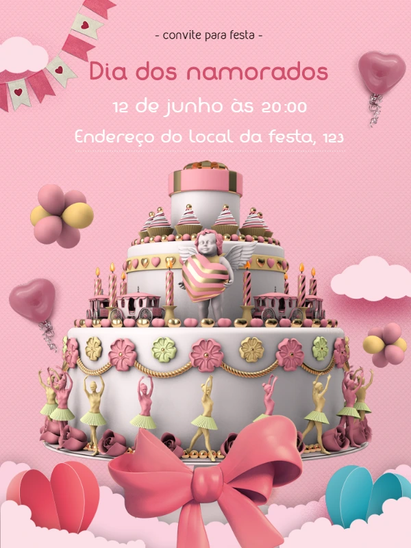 Convite Dia dos Namorados com Bolo Romântico para Editar