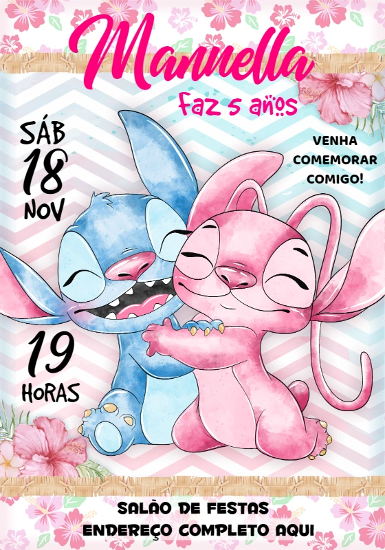 Convite Aniversário Stitch e Angel para Editar Online