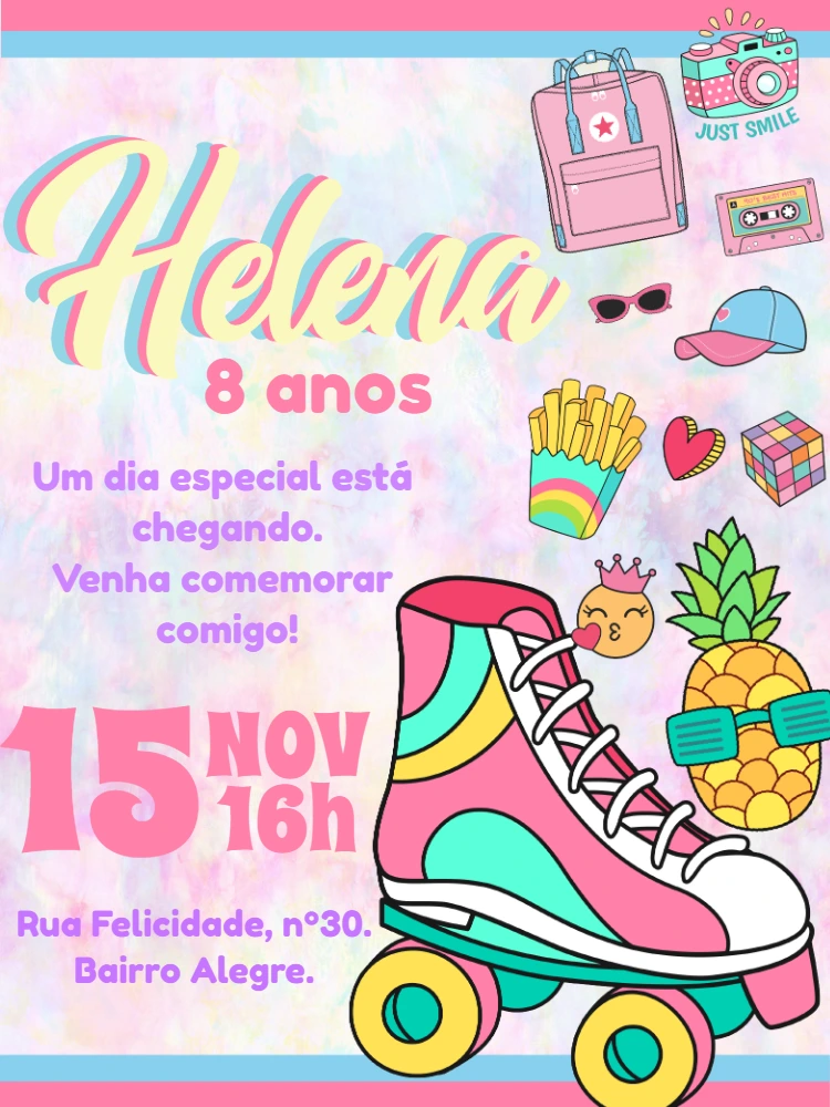 Convite de Aniversário Vsco Girl com Patins para Editar