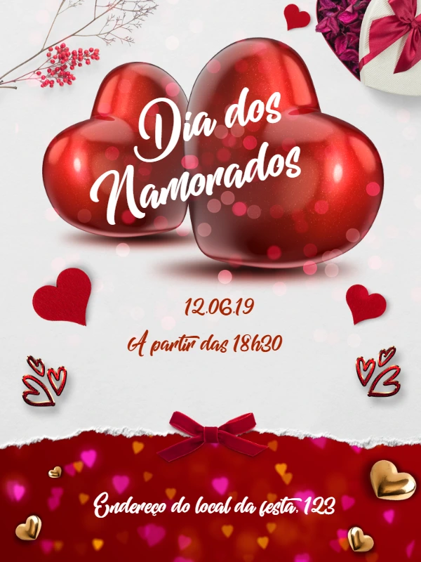 Convite Dia dos Namorados com Corações Românticos para Editar