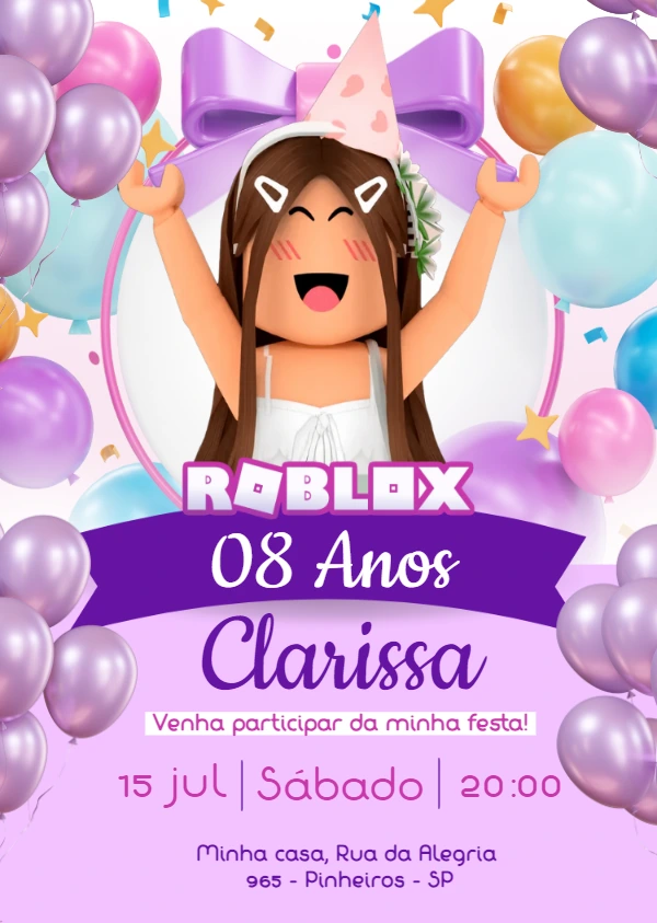 Convite de Aniversário Roblox Menina para Editar Online
