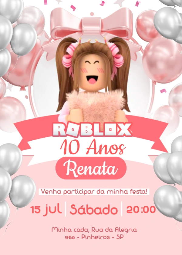 Convite de Aniversário Roblox Menina Editável Online