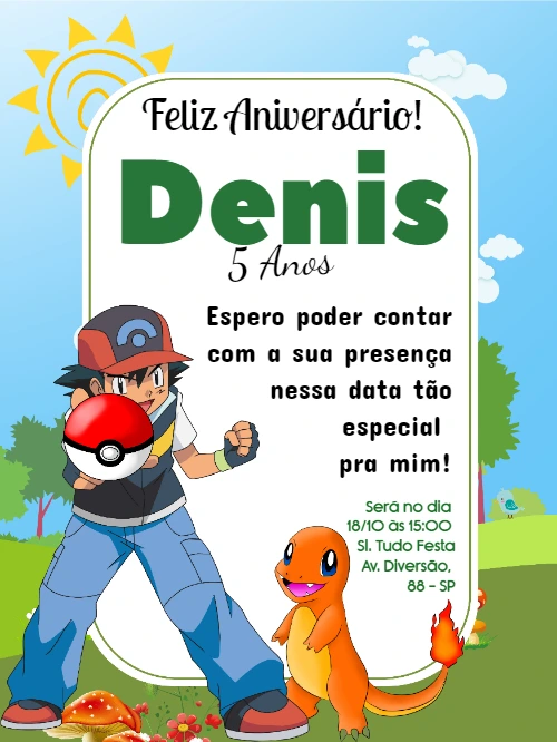 Convite de Aniversário Pokémon com Ash e Charmander para Editar