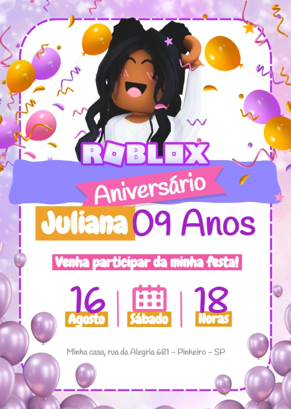 Convite Aniversário Roblox Menina para Editar Online