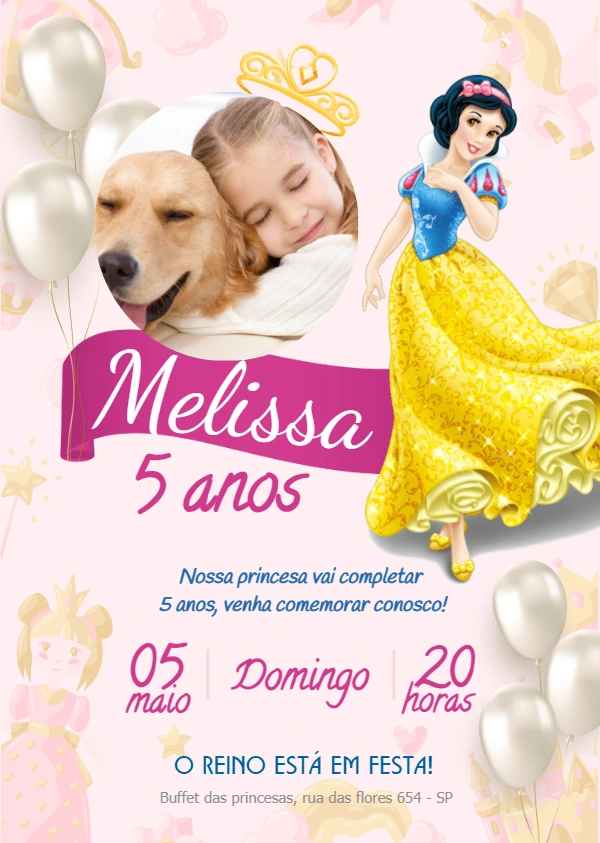Convite Aniversário Branca de Neve com Foto para Editar Online