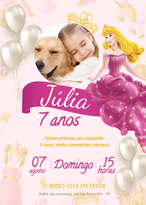 Convite de Aniversário Princesa Aurora com Foto para Editar