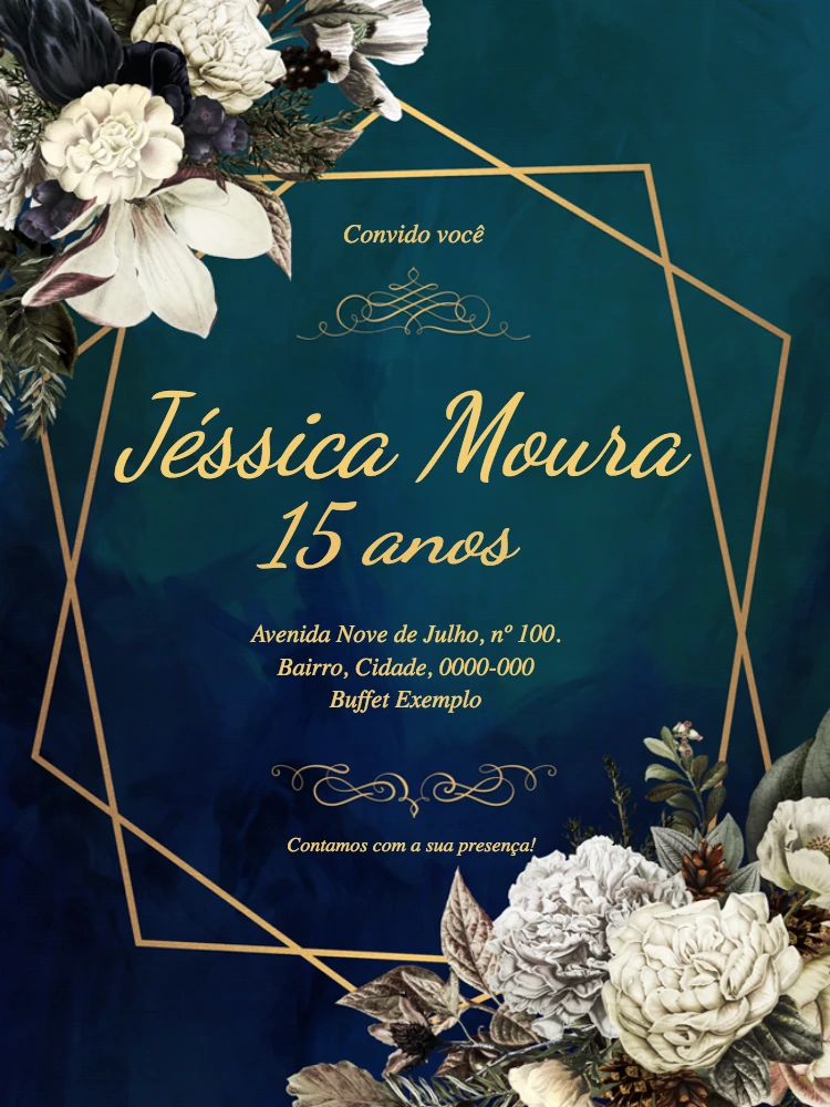 Convite 15 anos Floral Azul e Dourado para Editar Online