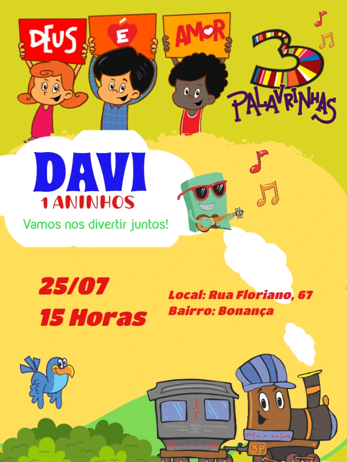 Convite de Aniversário 3 Palavrinhas para Editar Online