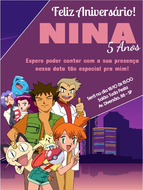 Convite de Aniversário Pokémon com Personagens para Editar