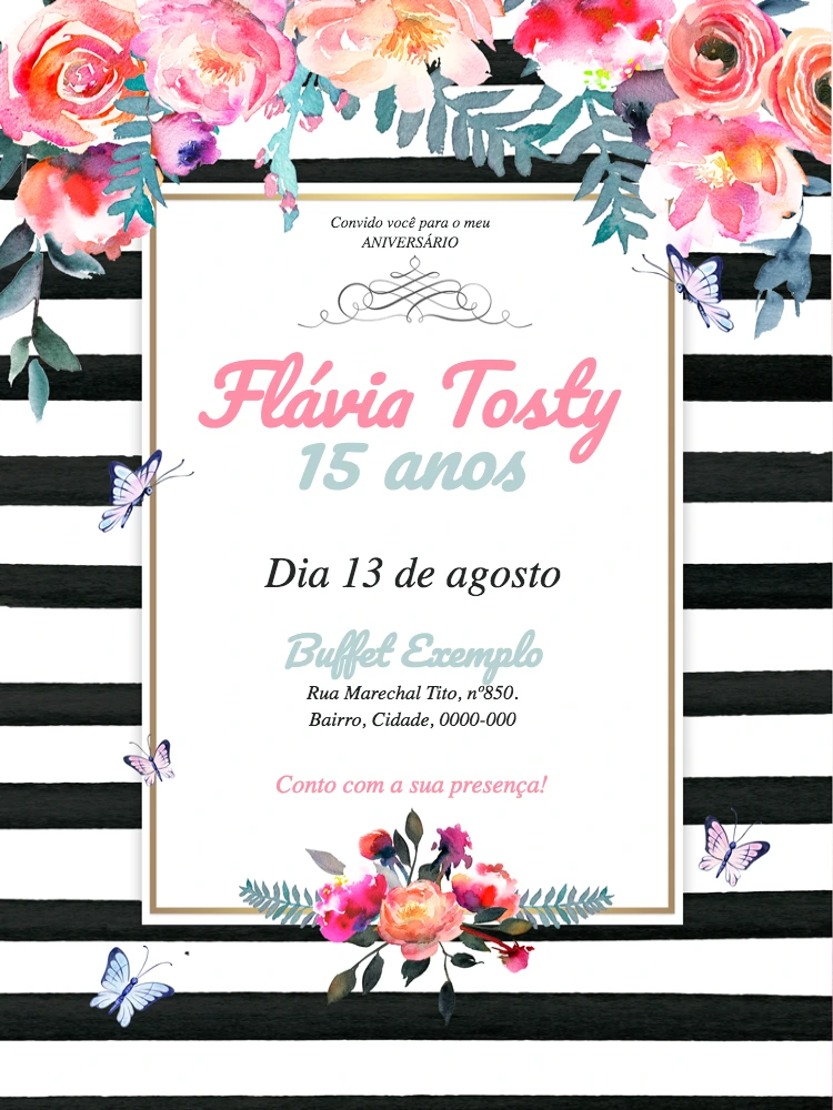 Convite 15 Anos Floral e Listrado para Editar Online