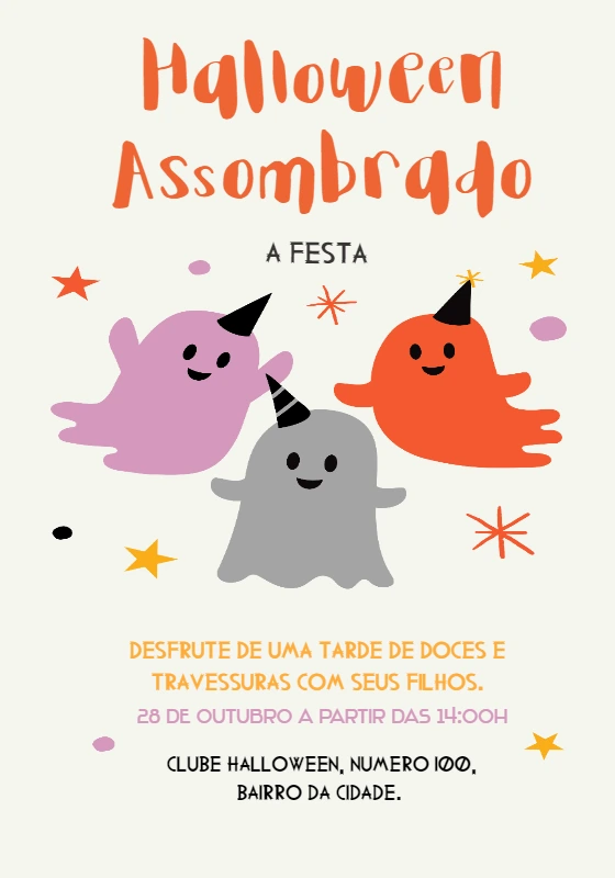 Convite Halloween Infantil com Fantasmas Fofos para Editar