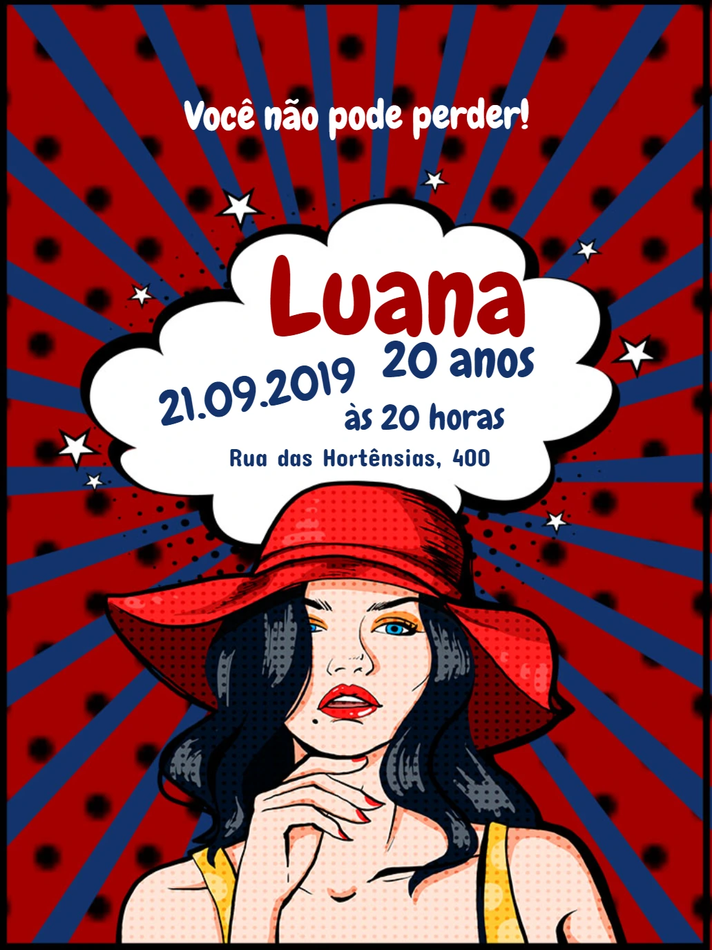 Convite de Aniversário Pinup Pop Art para Editar Online