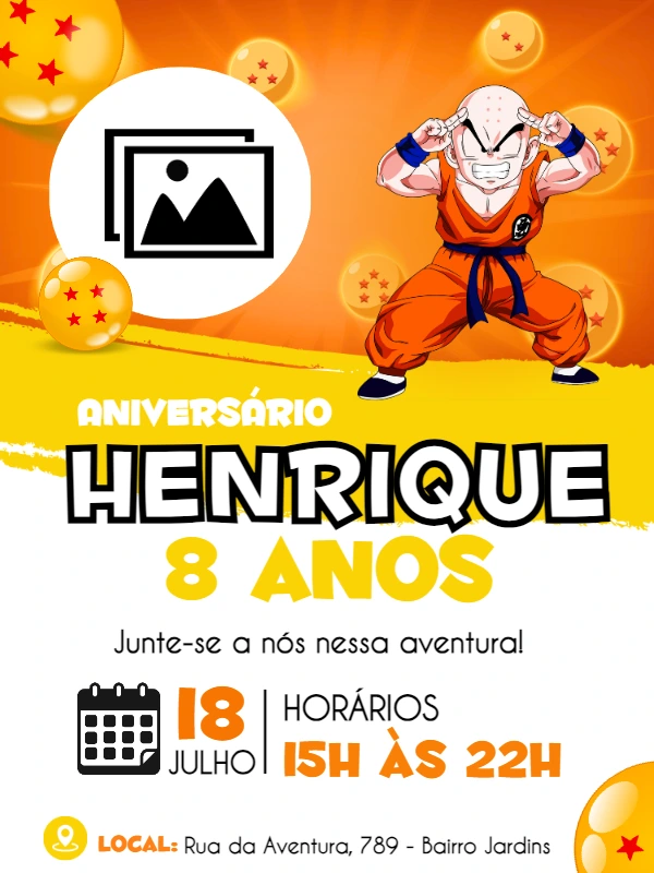 Convite Aniversário Kuririn Dragon Ball Z com Foto para Editar