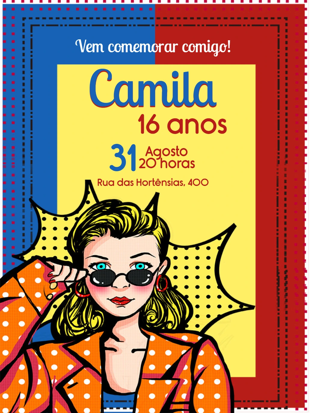 Convite de Aniversário Pop Art Pinup para Editar Online