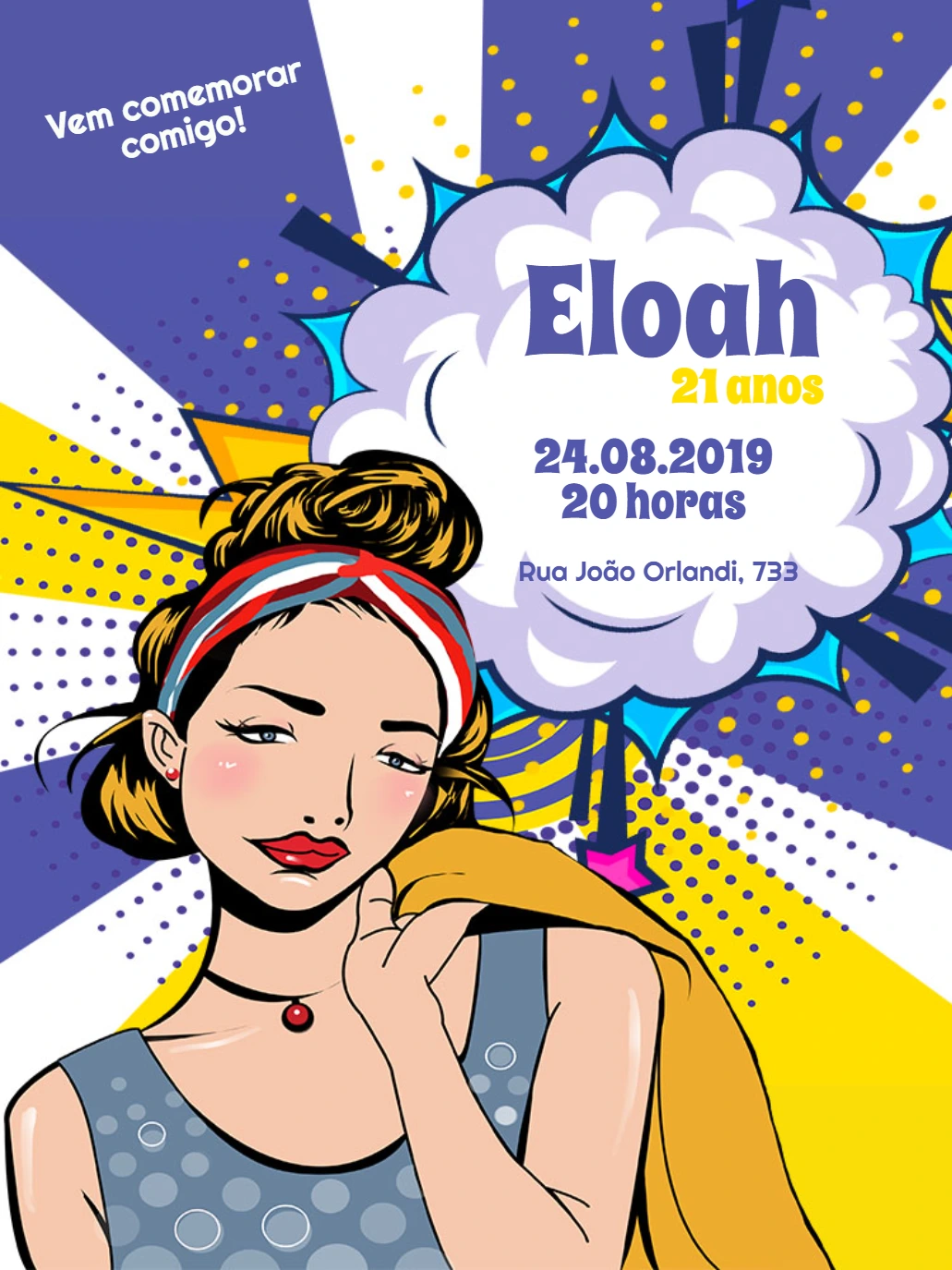 Convite de Aniversário Pin-up Estilo Pop Art para Editar