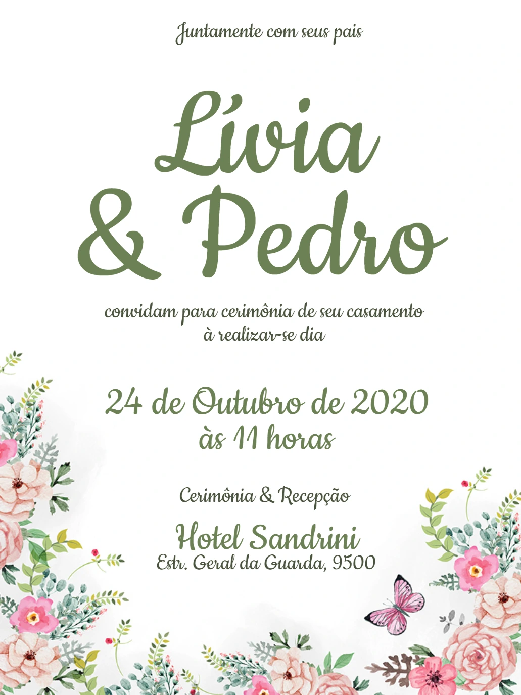 Convite de Casamento Floral com Borboletas para Editar Online