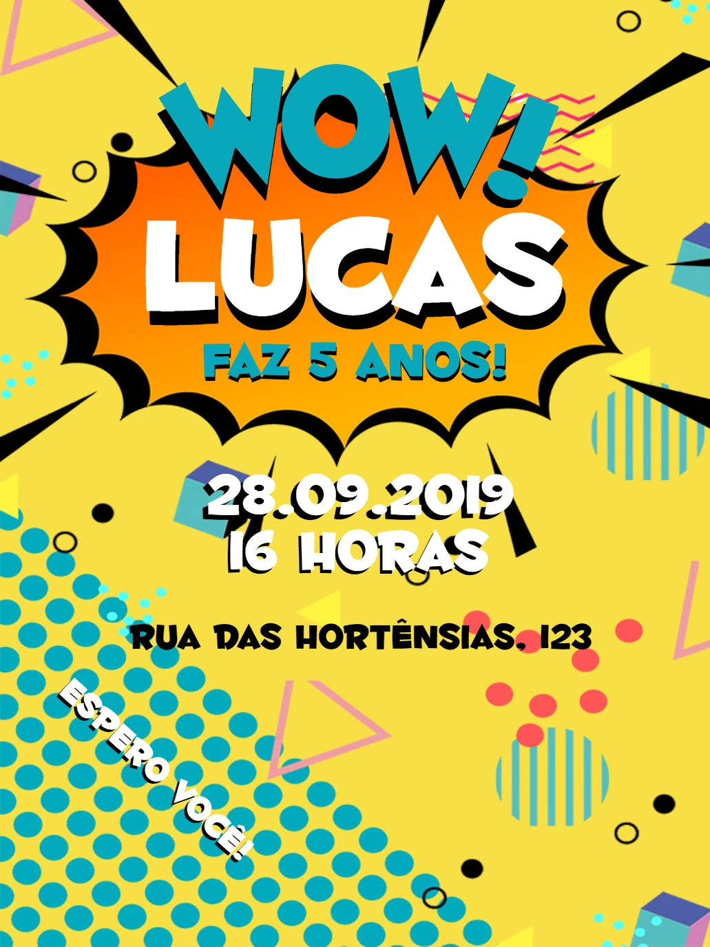 Convite de Aniversário Pop Art para Editar e Enviar Online