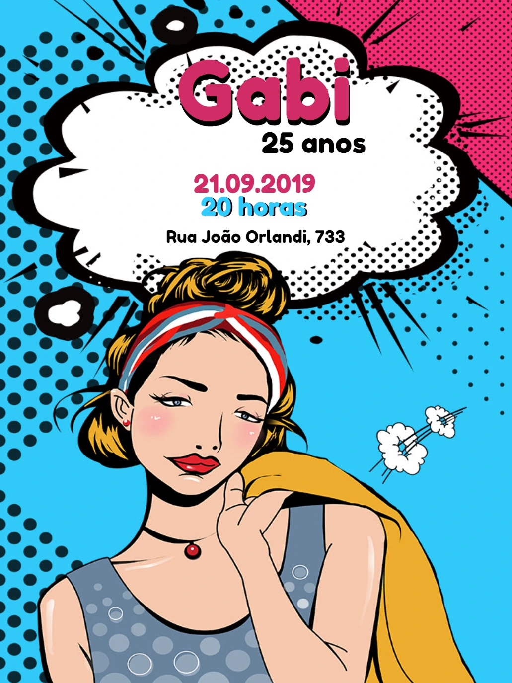 Convite de Aniversário Pop Art Estilo Pin-up para Editar Online