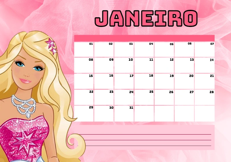 Planner Mensal da Barbie Editável Online para Organizar