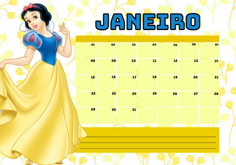 Planner Mensal Branca de Neve Editável Online para Imprimir