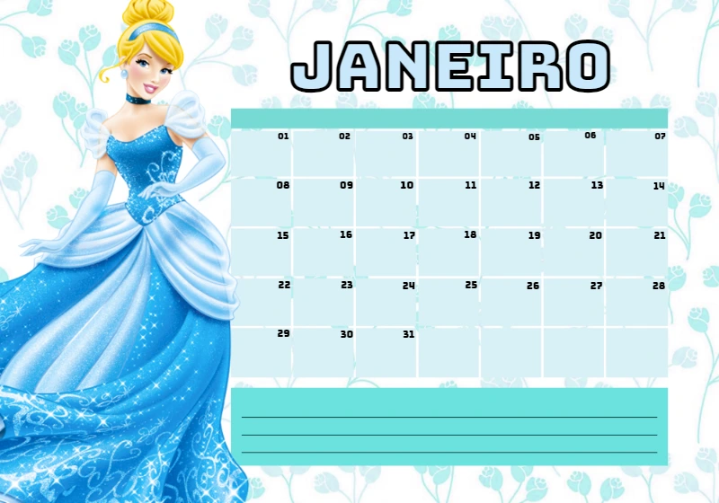 Planner da Cinderela com Calendário para Editar Online