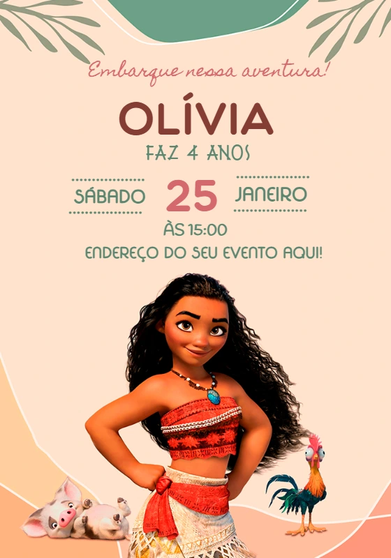 Convite Aniversário Moana para Editar Online