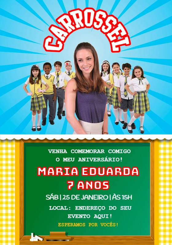 Convite de Aniversário Carrossel com Personagens para Editar