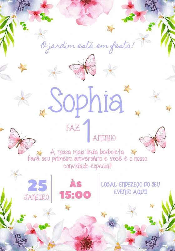 Convite Aniversário Jardim das Borboletas para Editar Online
