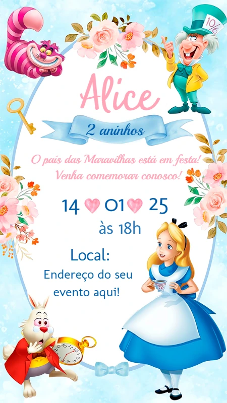 Convite Aniversário Alice no País das Maravilhas para Editar
