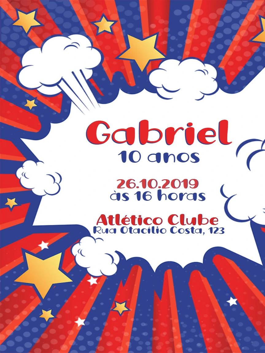 Convite Aniversário Quadrinhos Estilo Gibi para Editar Online