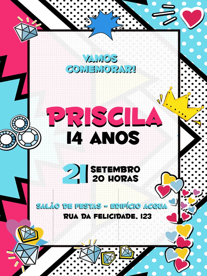 Convite de Aniversário Pop Art Comics para Editar Online
