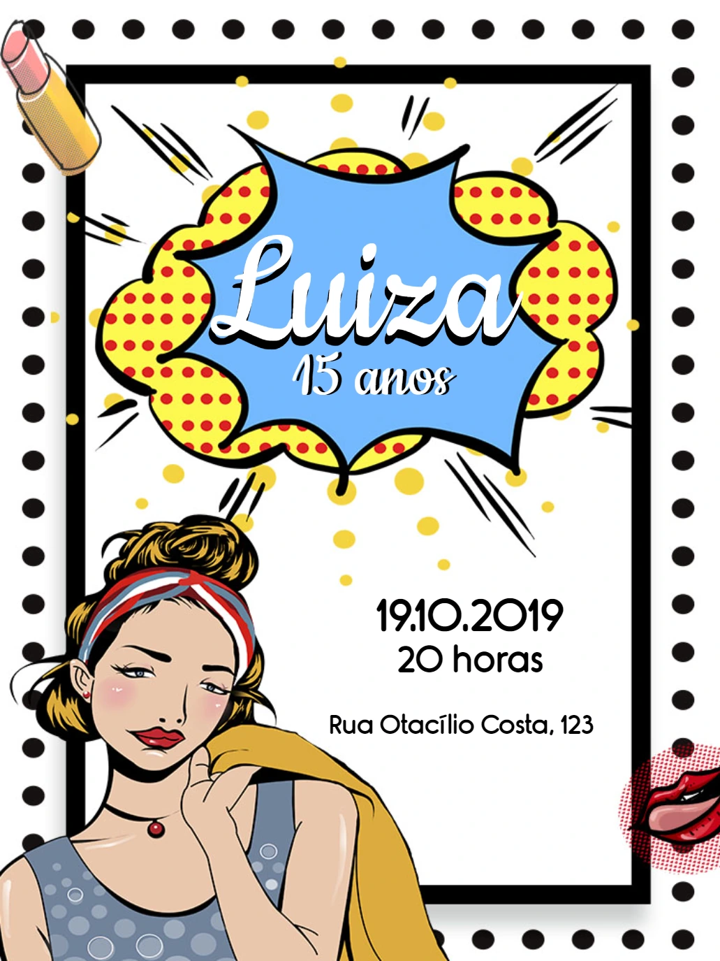 Convite de Aniversário Estilo Pin-up Pop Art para Editar
