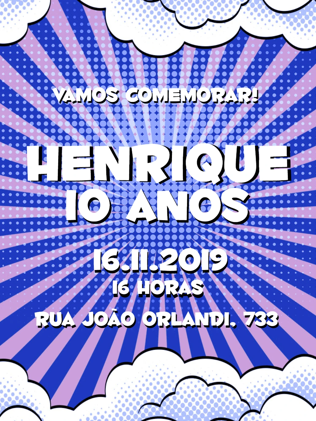 Convite de Aniversário Pop Art Estilo Quadrinhos para Editar