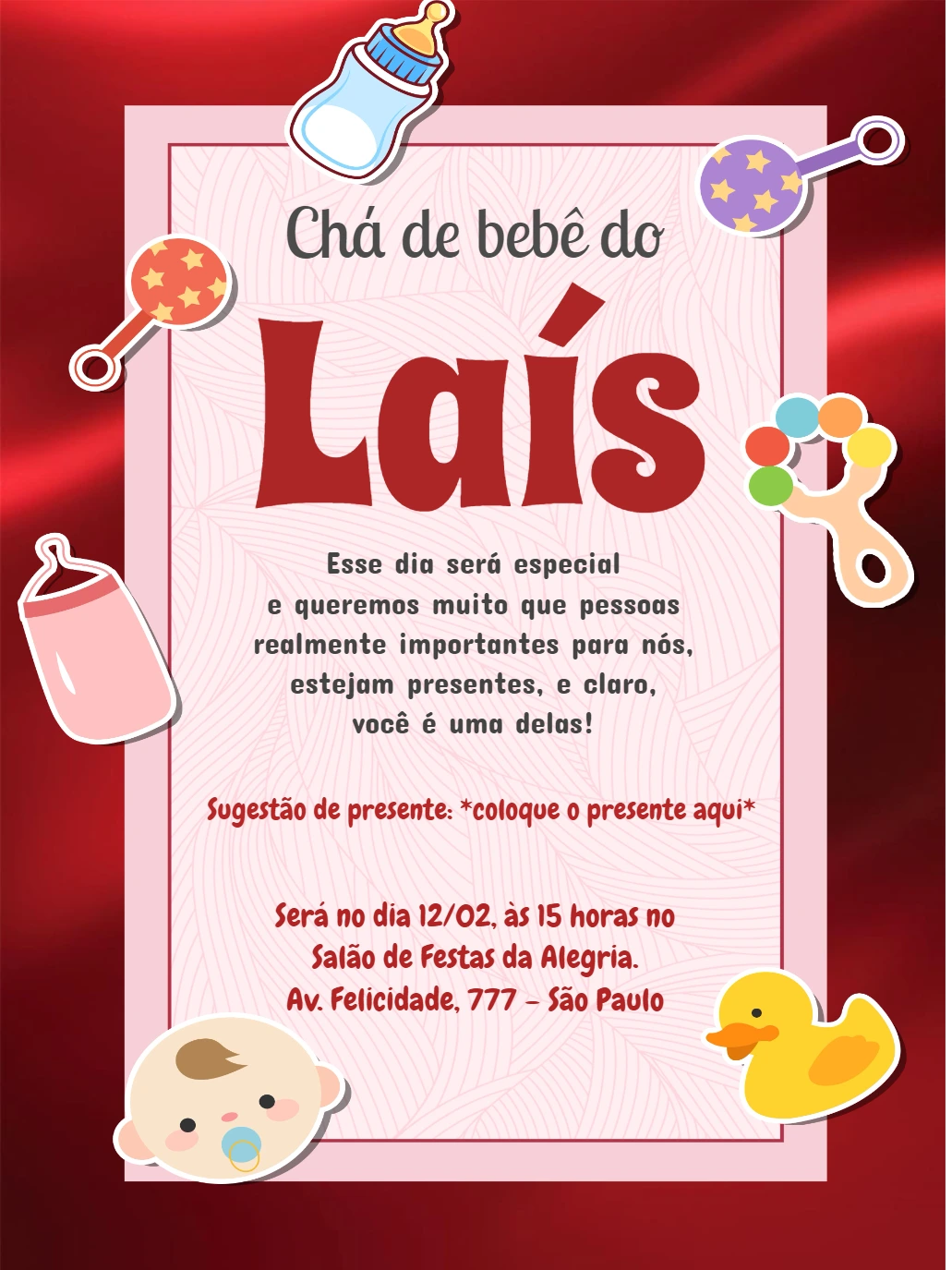 Convite Chá de Bebê Menina Vermelho para Editar Online