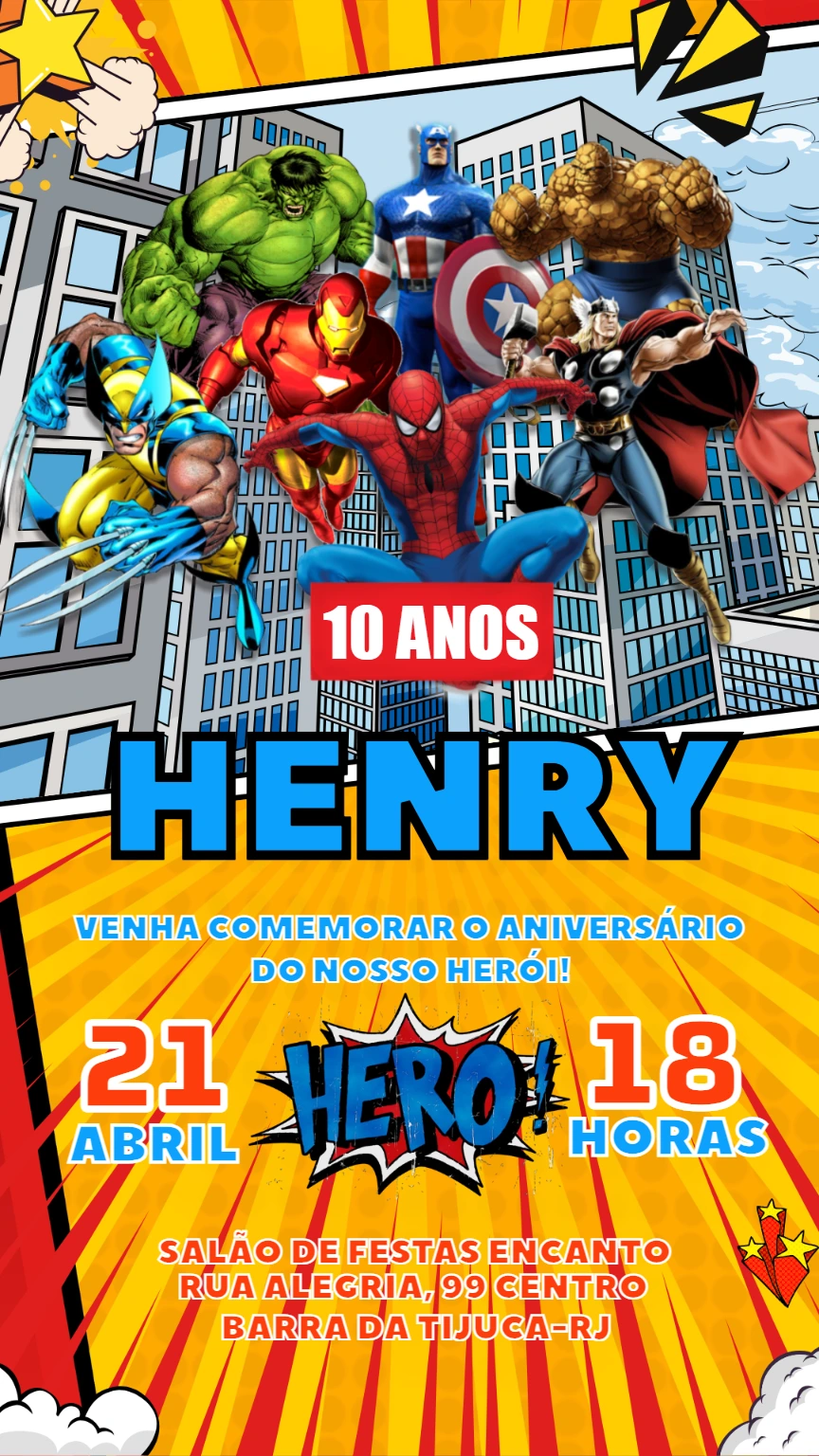 Convite de Aniversário Super Heróis Marvel para Editar Online