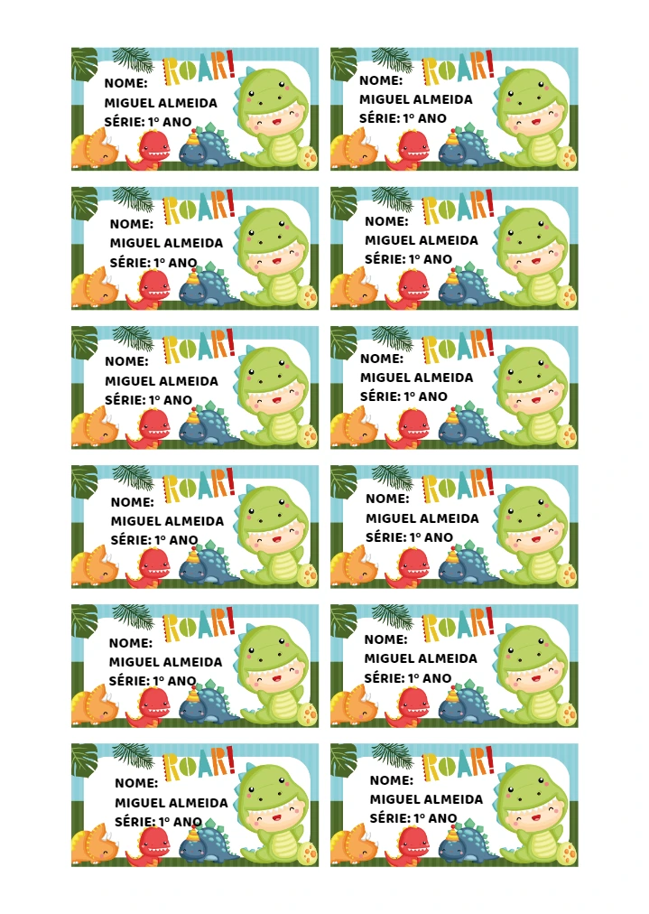 Etiqueta Escolar Dinossauros Fofos para Editar Online
