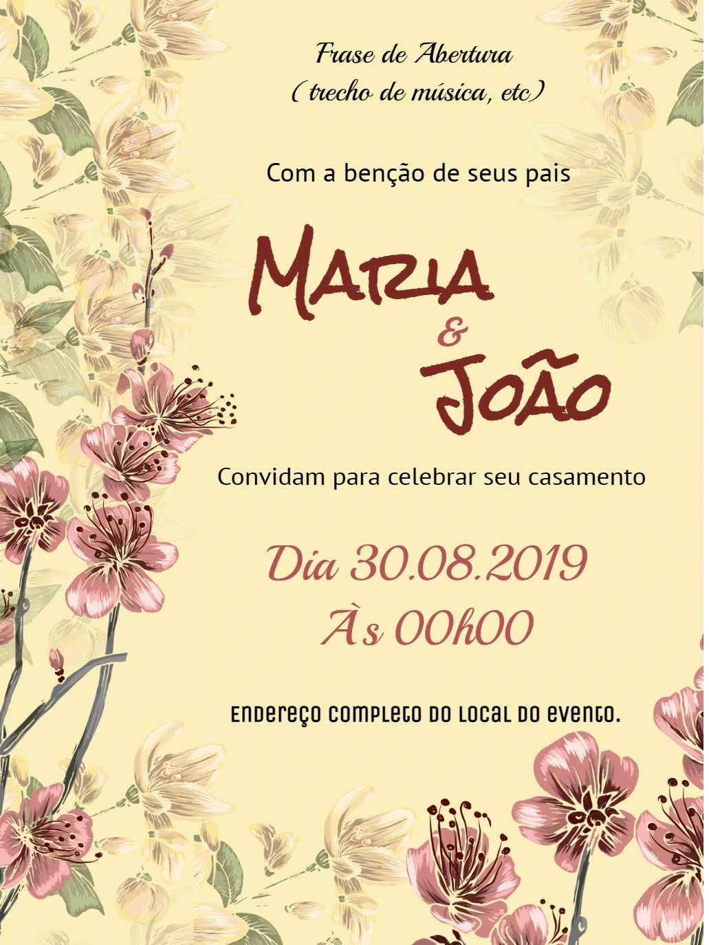 Convite de Casamento Floral com Flores de Cerejeira para Editar