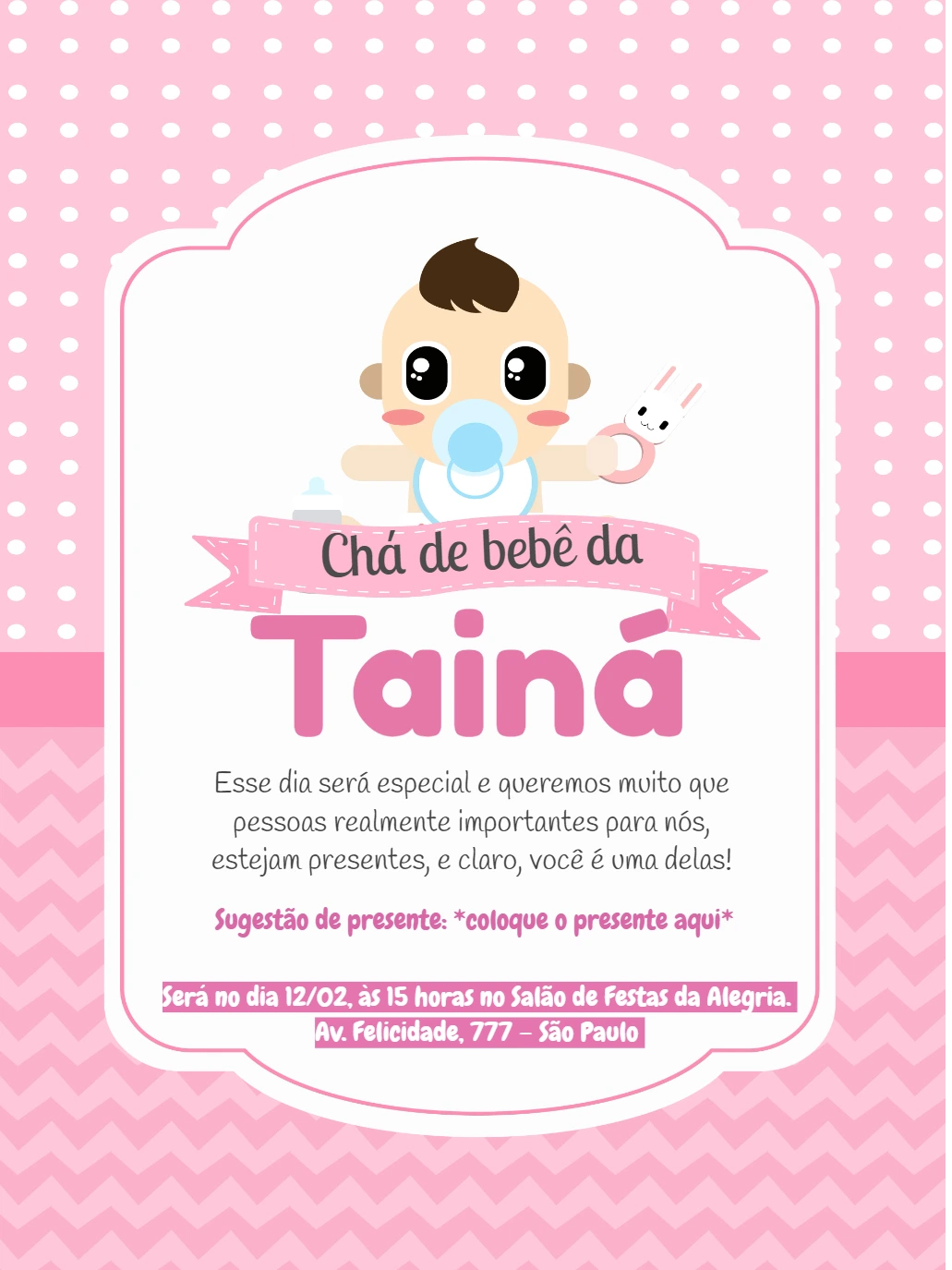 Convite Chá de Bebê Menina Rosa com Bebê Fofo para Editar Online