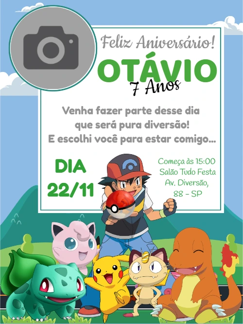 Convite Aniversário Pokémon com Foto para Editar Online