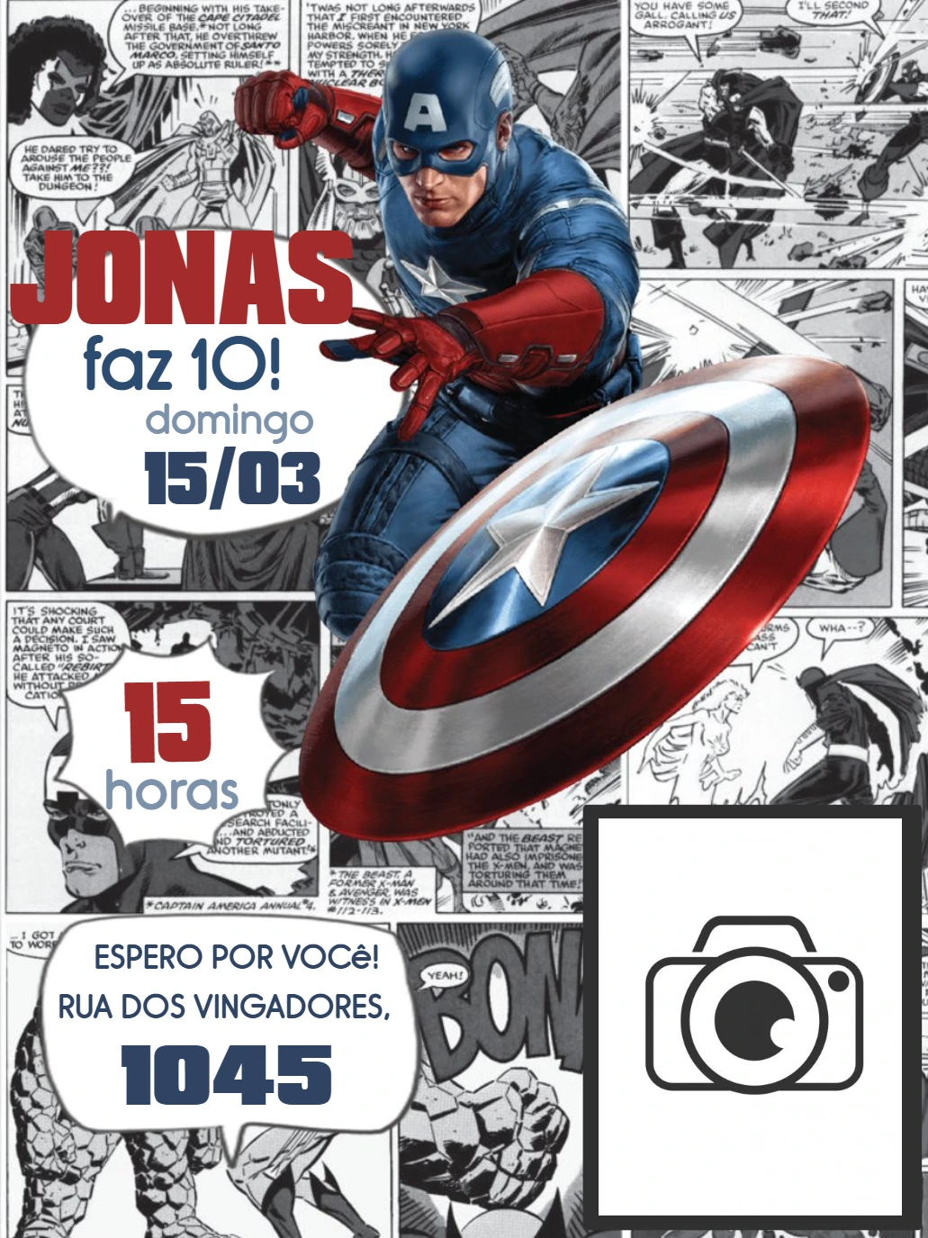 Convite Aniversário Capitão América Quadrinhos com Foto para Editar