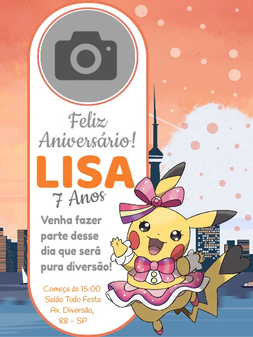 Convite Aniversário Pikachu Rosa com Foto para Editar Online