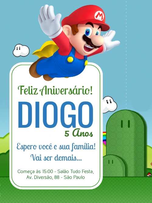Convite de Aniversário Super Mario com Personagens para Editar
