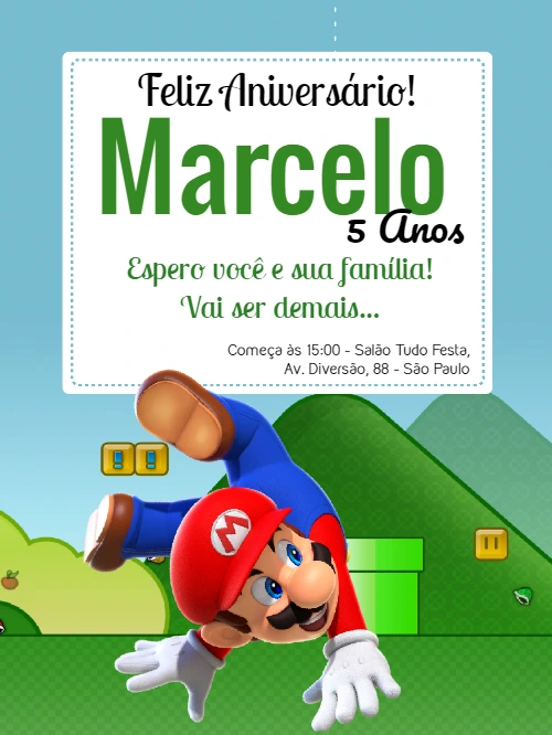 Convite de Aniversário Super Mario para Editar Online