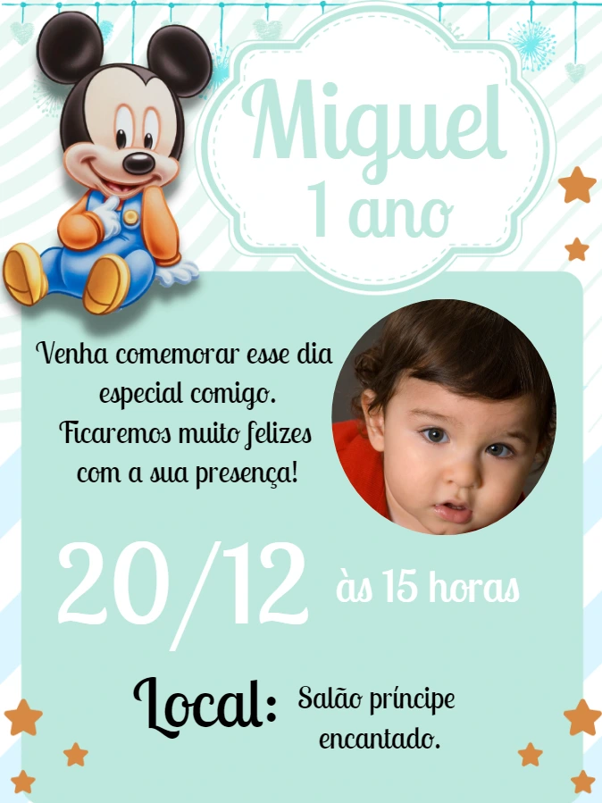 Convite Aniversário Mickey Baby com Foto para Editar Online