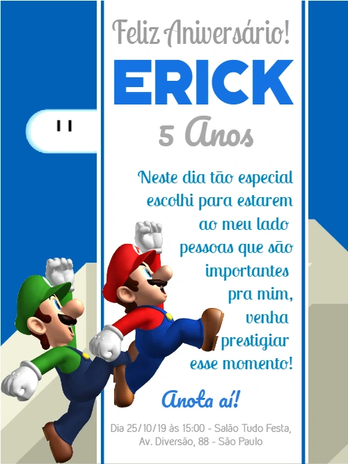 Convite de Aniversário Mario e Luigi para Editar Online