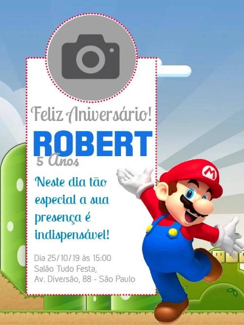 Convite de Aniversário Super Mario com Foto para Editar Online
