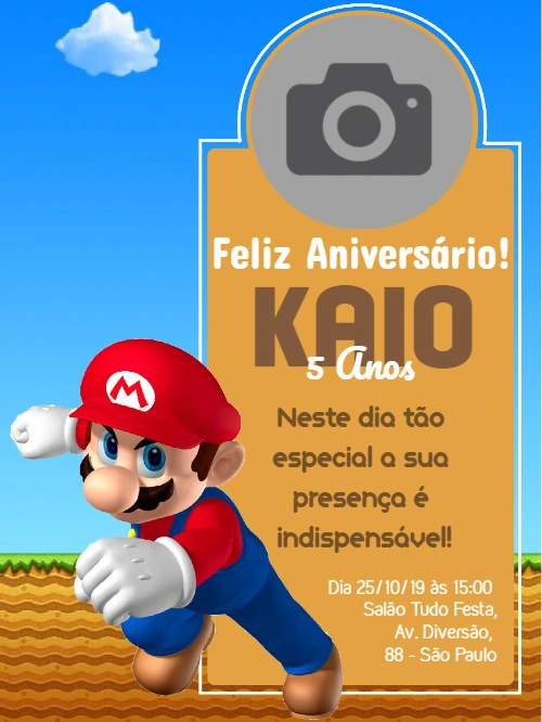 Convite Aniversário Super Mario com Foto para Editar Online