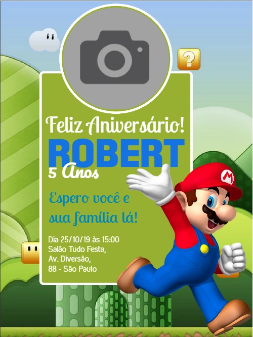 Convite Aniversário Super Mario com Foto para Editar Online