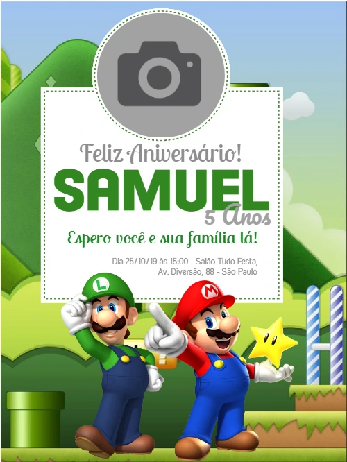 Convite de Aniversário Super Mario com Foto para Editar Online