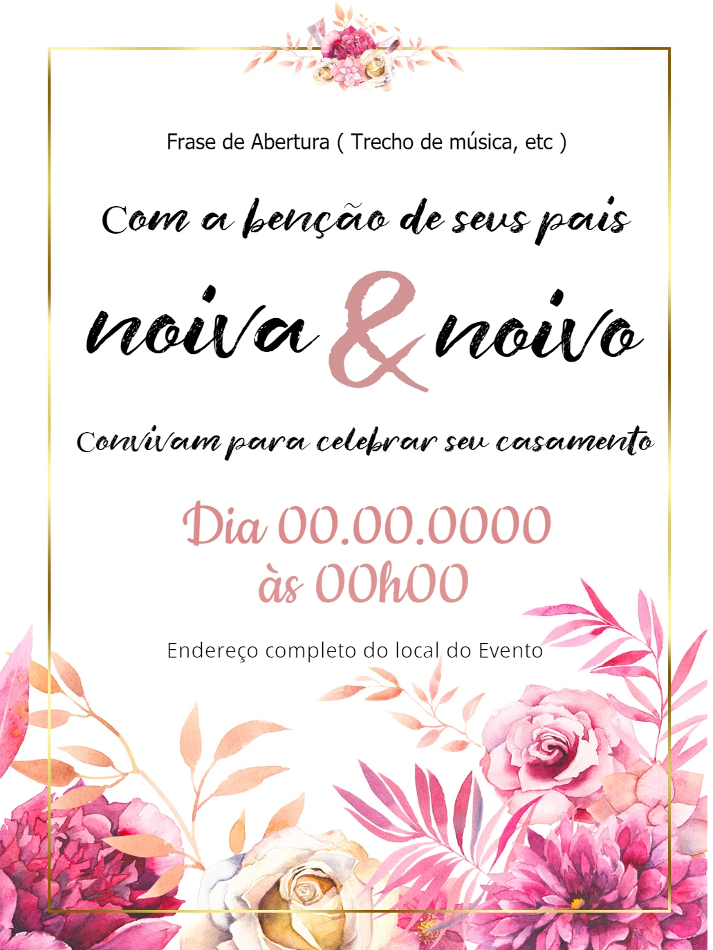 Convite de Casamento Floral Rosa para Editar Online